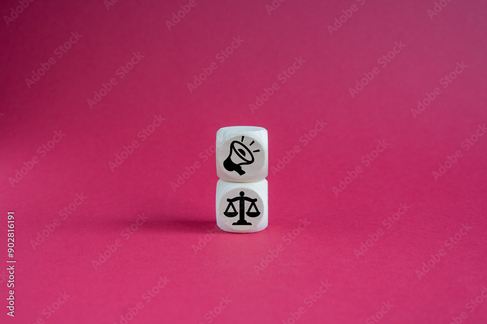 Ethical marketing and communication concept. Using responsible communication and practices that respect the interests of stakeholders. Wooden cubes with ethics and marketing communication icons.