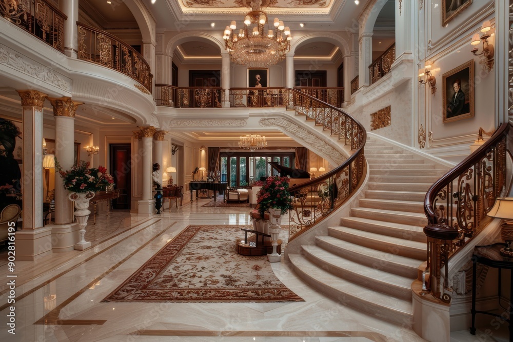 This image displays a luxurious foyer with an exquisite staircase design, complete with golden accents, elaborate decor, and a grand chandelier, embodying sophistication and elegance.