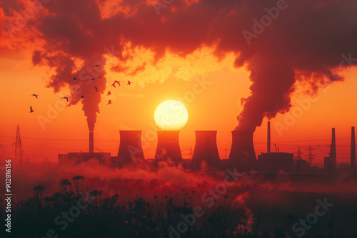 view of sunset over a smoking thermal power plants giving concept of end of life in pollution ai generated