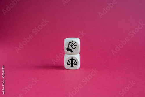 Obraz na płótnie Ethical marketing and communication concept. Using responsible communication and practices that respect the interests of stakeholders. Wooden cubes with ethics and marketing communication icons. w salonie
