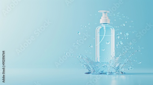 Refreshing Facial Cleanser Bottle with Water Splash and Soap Bubbles on Blue Background. Ideal for promoting skincare products. Copy Space.