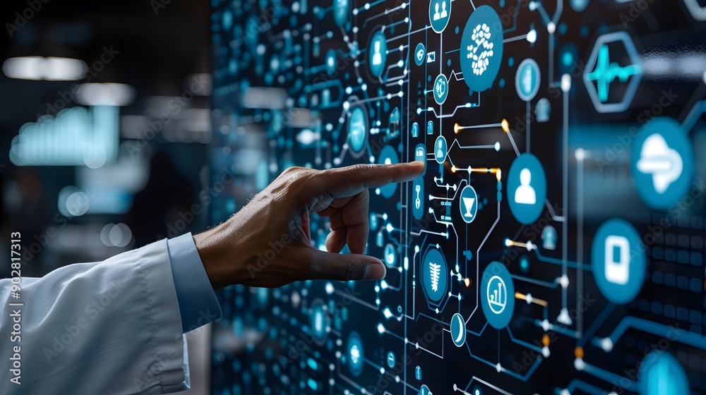 Future Communication. Businessman interacting with virtual screen technology concept Future Communication. Businessman interacting with virtual screen technology concept