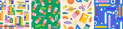 Back to school! Collection of seamless patterns. Simple, bright, childish design with school supplies. Great for advertising, wrapping, art classes, kindergarten and more