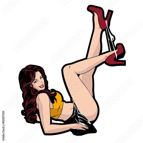 Pin up of a Beautiful woman laying back. Tank top and skirt.