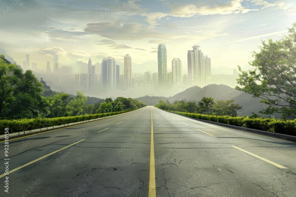 A serene empty road leading towards a skyline of modern skyscrapers against a misty backdrop, merging nature and urban life. A serene empty road leading towards a skyline of modern skyscrapers against a misty backdrop, merging nature and urban life.