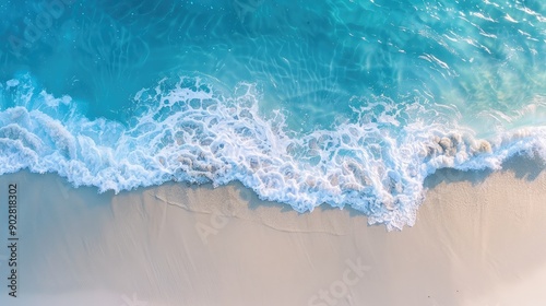 An aerial view captures the gentle embrace between the azure waves and the soft sandy beach, creating a tranquil and picturesque scene Generative Ai