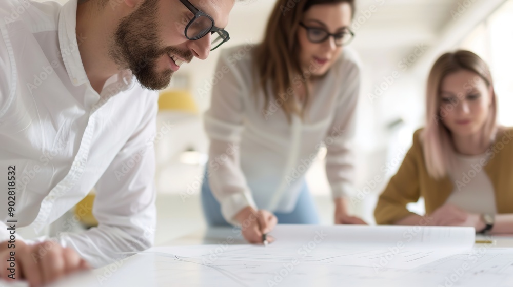 Creative Design Team Reviewing Blueprints in a Modern Office Setting a Collaborative Atmosphere Creative Design Team Reviewing Blueprints in a Modern Office Setting a Collaborative Atmosphere