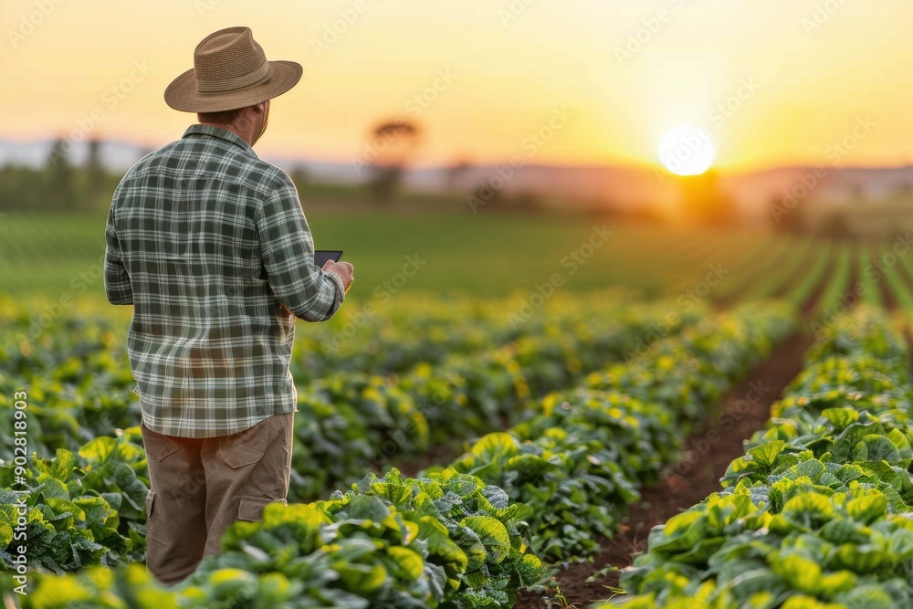 Farmer with Digital Tablet in Field at Sunset Farmer with Digital Tablet in Field at Sunset