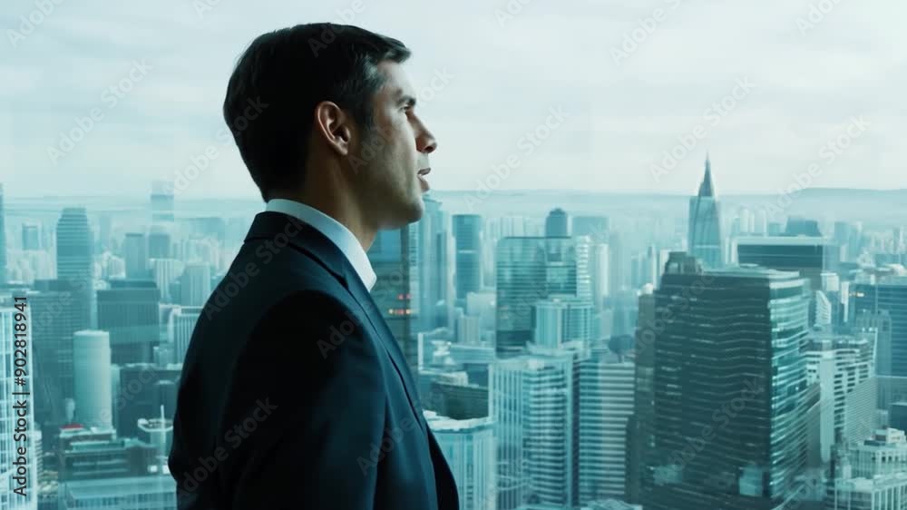 This man in a suit gazes thoughtfully at the urban landscape from a tall building. This man in a suit gazes thoughtfully at the urban landscape from a tall building.
