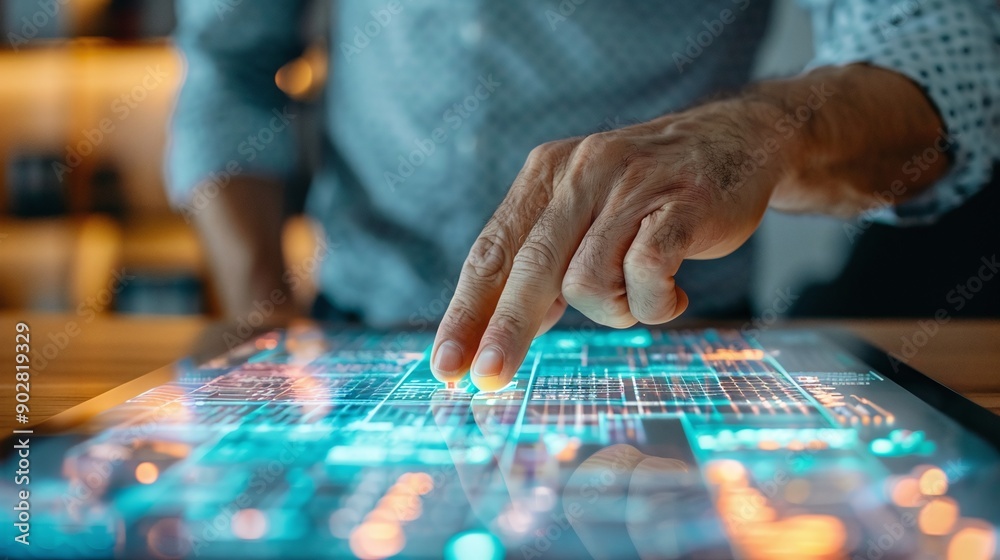 Touching on smart home technology panel control. IOT and automated house concepts Touching on smart home technology panel control. IOT and automated house concepts