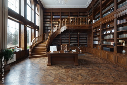 A beautifully designed library featuring tall wooden bookshelves filled with books and a grand wooden staircase leading to an upper level, bathed in natural light.