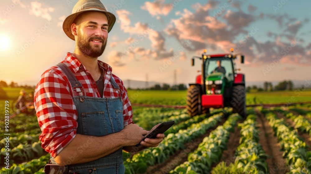Fototapeta premium A man in a plaid shirt and overalls is standing in a field with a tractor behind him. He is holding a cell phone and smiling. Concept of happiness and contentment