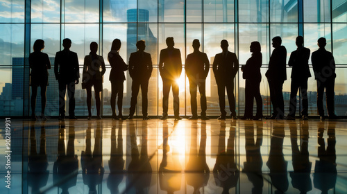 Silhouette of a business team standing in a modern office with a cityscape view, backlit by a sunset.