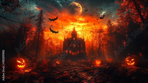 Haunted House Surrounded By Pumpkins Under a Mysterious Orange Sky and Full Moon © fotofabrika
