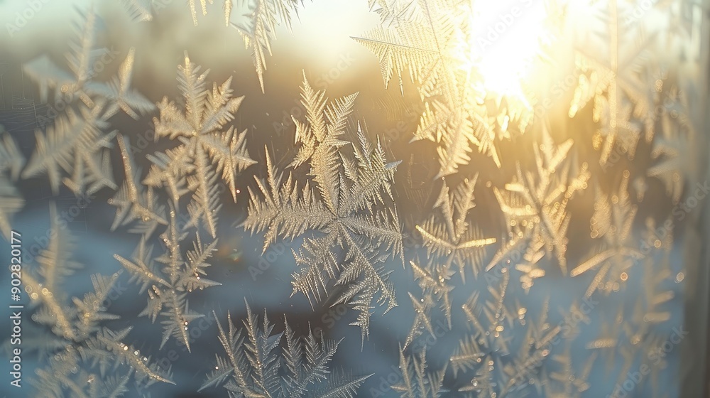 A close-up of frost patterns on a window, illuminated by soft morning light. A close-up of frost patterns on a window, illuminated by soft morning light.
