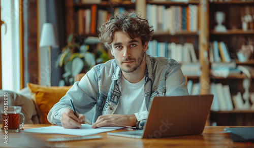 A young businessman in casual clothes works on a laptop at home or in the office, writing notes and making calculations. Remote and freelance work concept.