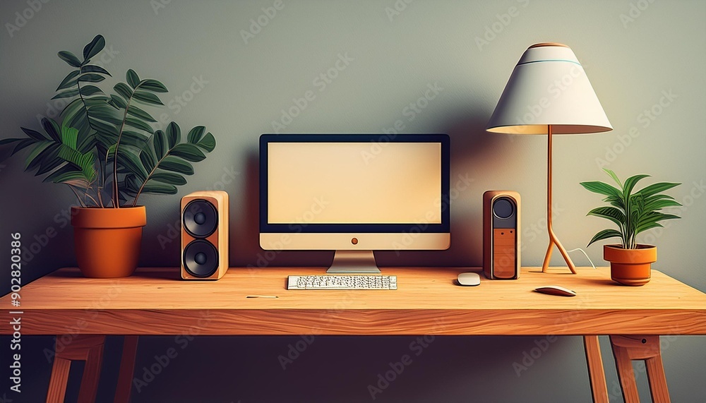 A desk with a computer, a lamp, a plant, and a speaker. The desk is made of wood and the lamp is white. The plant is a small potted plant and the speaker is a white cylinder. A desk with a computer, a lamp, a plant, and a speaker. The desk is made of wood and the lamp is white. The plant is a small potted plant and the speaker is a white cylinder.