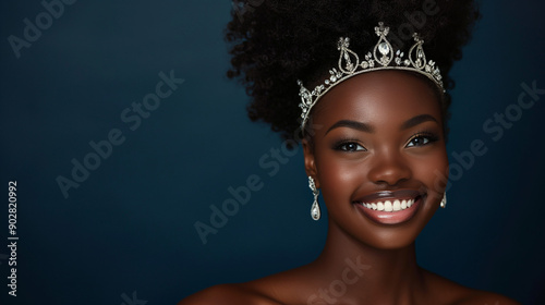 Beautiful smiling African princess wearing tiara, earrings, necklace isolated on dark navy background with copy space.