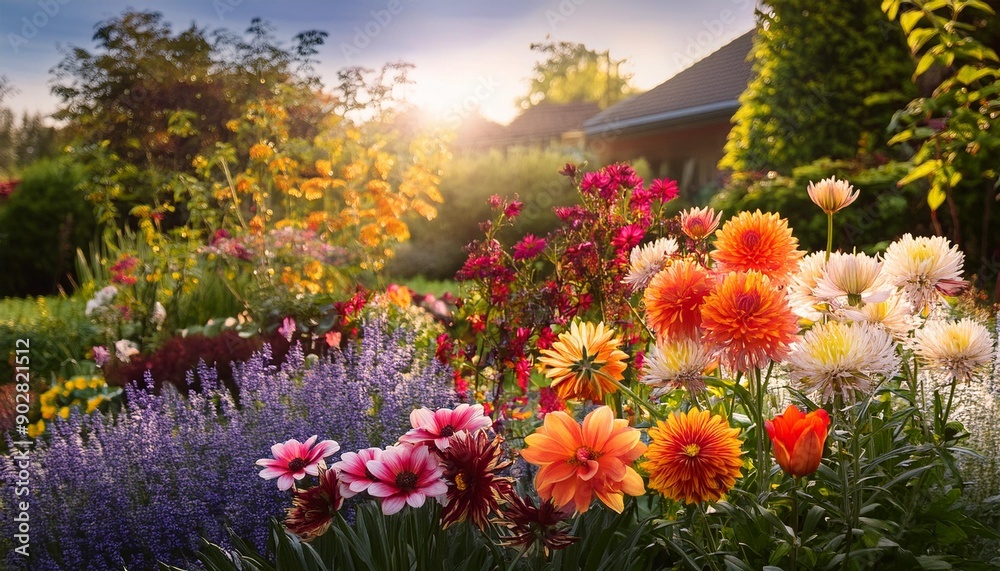 Obraz premium The photo shows a colorful summer garden with a variety of flowers in bloom