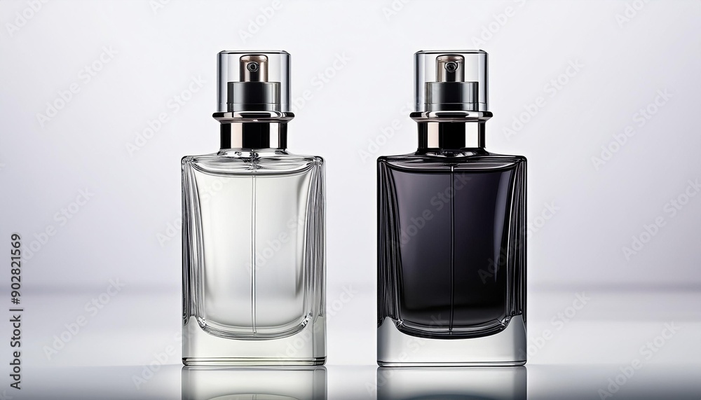 Two perfume bottles on a white background. The bottle on the left is transparent and the bottle on the right is black. Two perfume bottles on a white background. The bottle on the left is transparent and the bottle on the right is black.