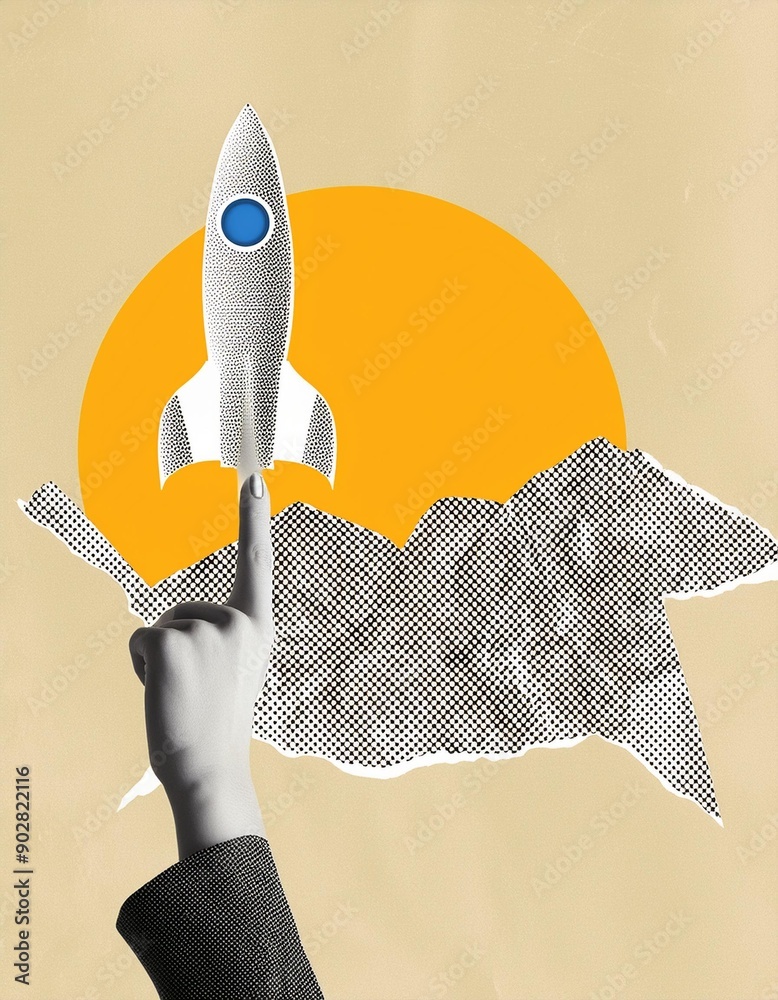 Pop art style banner with halftone rocket, pointing human hand and piece of torn checkered paper. Modern collage. Business startup concept. Creating ideas. Illustration with cut out newspaper elements