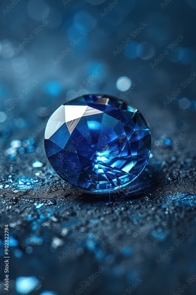 A blue diamond is on a black surface. The diamond is surrounded by a lot of small stones
