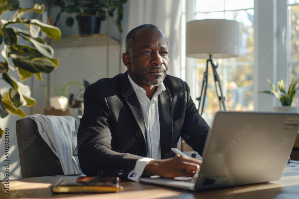 Mature businessman in a suit is participating in a remote job interview, confidently answering questions during a video conference Mature businessman in a suit is participating in a remote job interview, confidently answering questions during a video conference