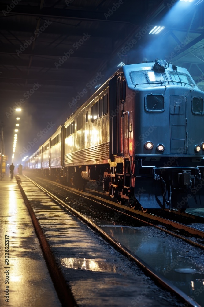 Obraz premium A train is on the tracks in the rain. The train is lit up, and the lights are on. The scene is dark and moody, with the rain adding to the atmosphere