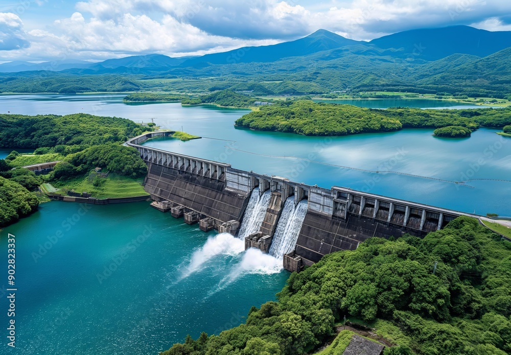 Aerial view of a dam and reservoir surrounded by lush green hills and mountains, emphasizing water management and scenic landscape. Aerial view of a dam and reservoir surrounded by lush green hills and mountains, emphasizing water management and scenic landscape.
