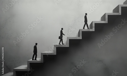 Wallpaper Mural Three business people are walking up a staircase in a foggy, minimalist environment. Torontodigital.ca