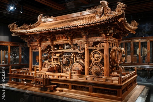 Intricate wooden mechanism showcasing exquisite craftsmanship and engineering in a museum setting. © Kanyakarn