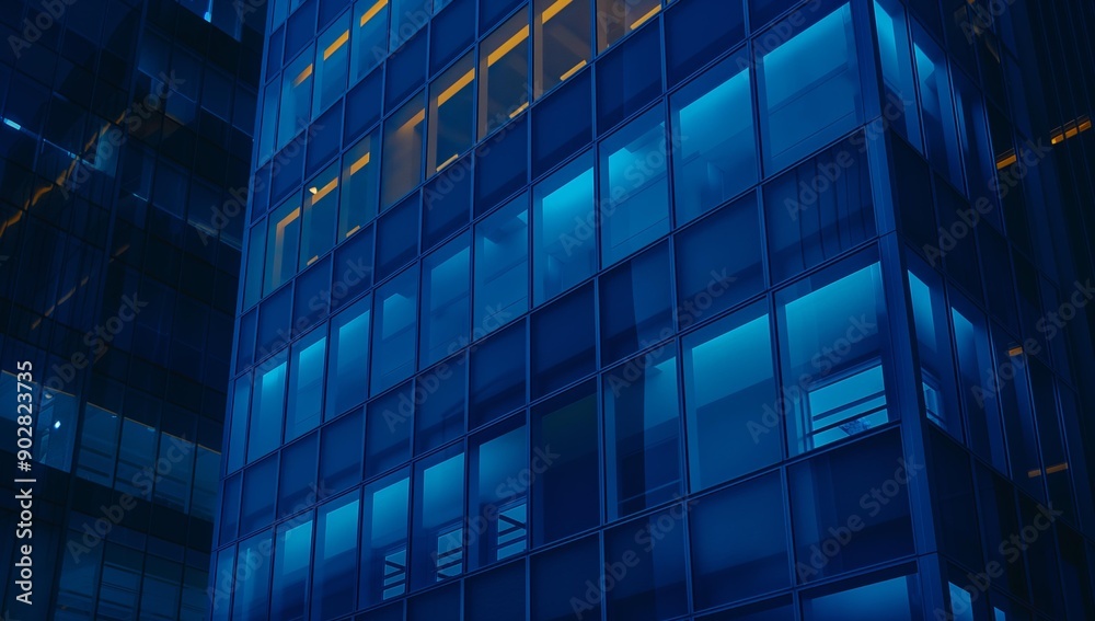 Close-up of an office building at night with lights on in the windows. Close-up of an office building at night with lights on in the windows.