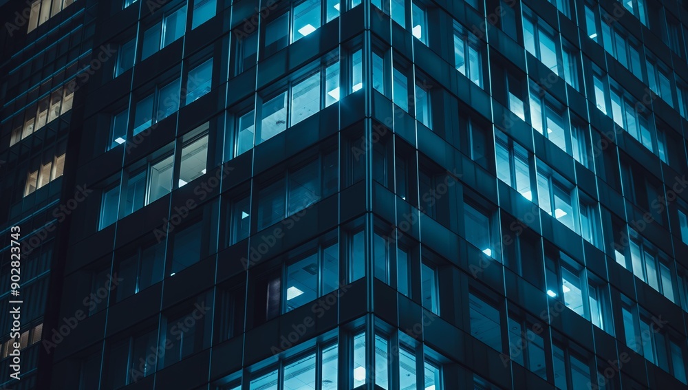 A detailed close-up of an office building at night with lights on in the windows. A detailed close-up of an office building at night with lights on in the windows.