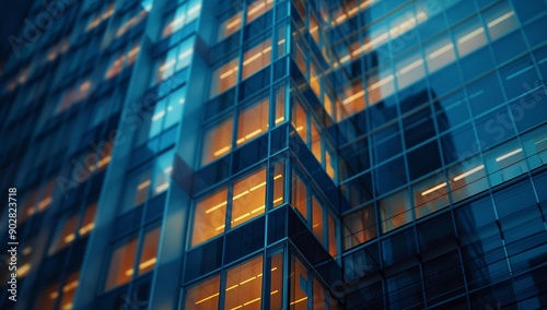 A close-up view of a modern office building at night, with lights on in its windows creating a warm, inviting glow against the cool, reflective glass exterior. photo