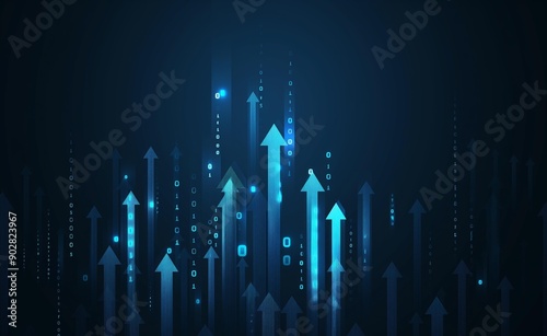 Abstract background featuring glowing blue arrows pointing upwards, symbolizing growth, progress, or increase. The dark background provides contrast to the luminous arrows,