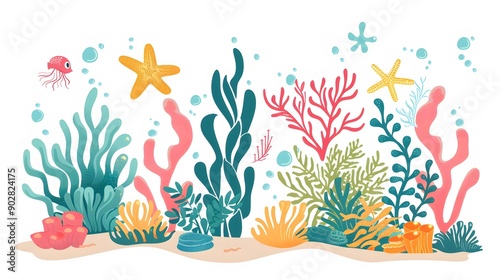 Coral reef design elements isolated on white background. Modern cartoon illustration of underwater seabed or aquarium bottom design elements, colorful aquatic plants collection, marine nature life