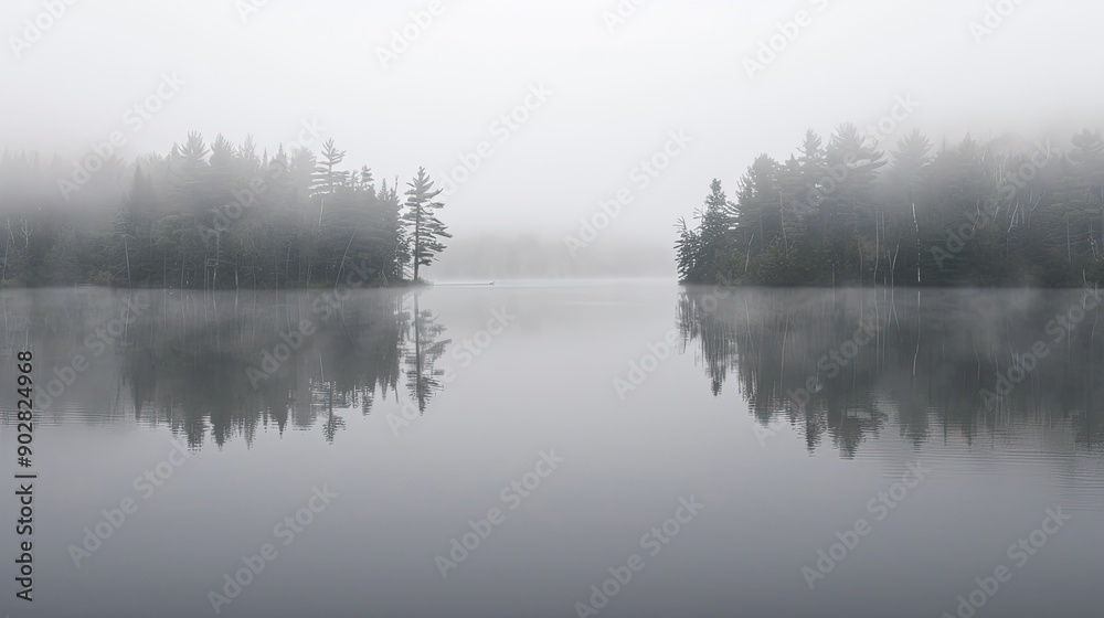 Fototapeta premium A fog-covered lake with trees and reflections barely visible in the water.