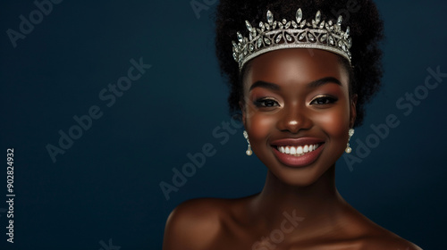 Beautiful smiling South African model wearing tiara, earrings, necklace isolated on dark navy background with copy space.