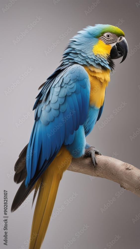Vibrant parrot perched on a branch bright blue body yellow wings & tail green head black beak serene expression neutral background. Vibrant parrot perched on a branch bright blue body yellow wings & tail green head black beak serene expression neutral background.