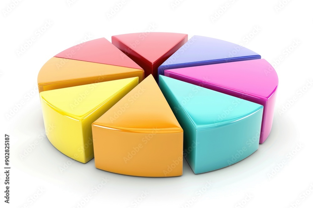 Obraz premium A colorful pie chart displayed on a plain white surface, perfect for illustrating statistics or data visualization in various contexts