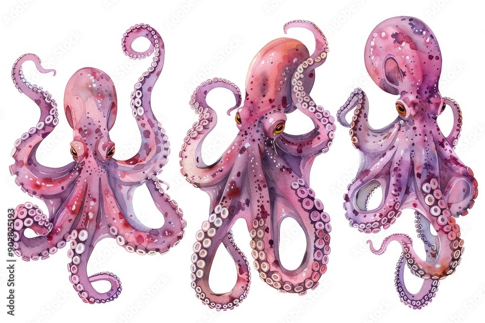 Fototapeta premium Vibrant Watercolor Octopus Set. Hand-drawn Illustration of Fresh Seafood Dish