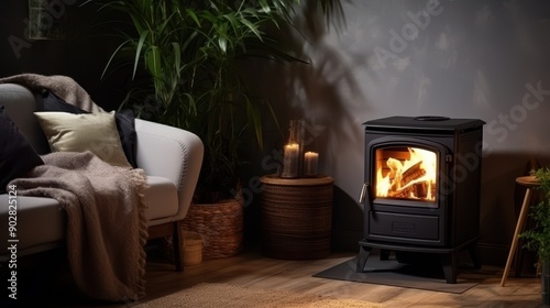 A wood burning stove is lit in a living room with a vase of flowers on a table