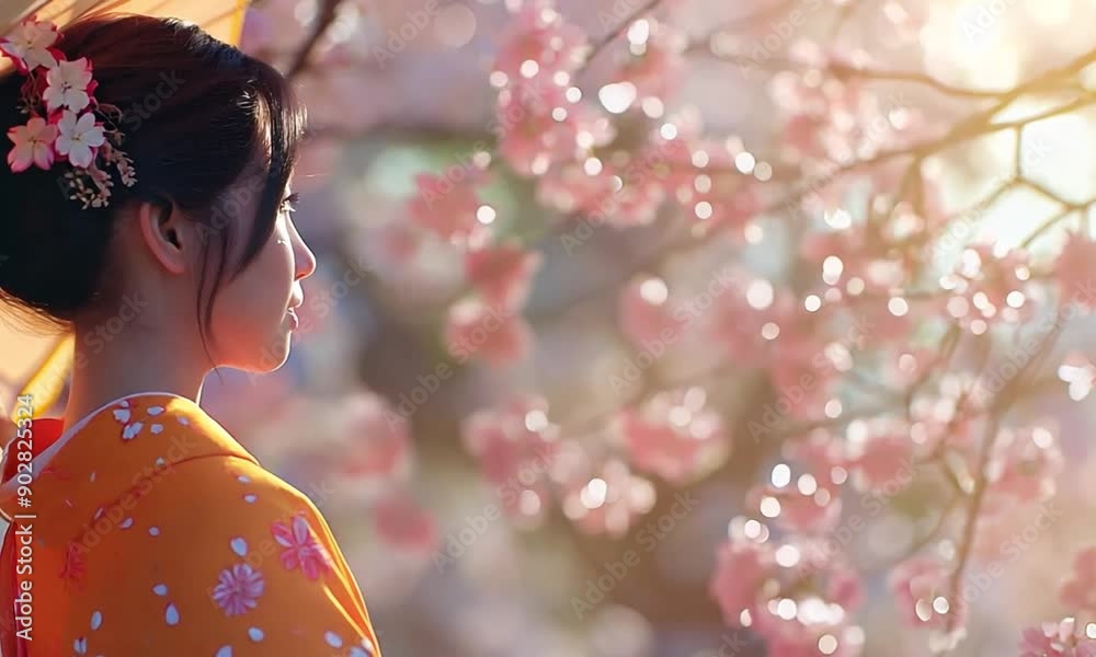 Woman in a traditional Japanese kimono with a floral pattern, holding a parasol, standing near cherry blossoms in full bloom during spring Woman in a traditional Japanese kimono with a floral pattern, holding a parasol, standing near cherry blossoms in full bloom during spring