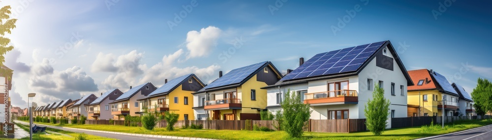 A row of houses with solar panels on the roofs. The houses are all white and have green bushes in front of them. The street is lined with trees and the houses are situated on a hill A row of houses with solar panels on the roofs. The houses are all white and have green bushes in front of them. The street is lined with trees and the houses are situated on a hill