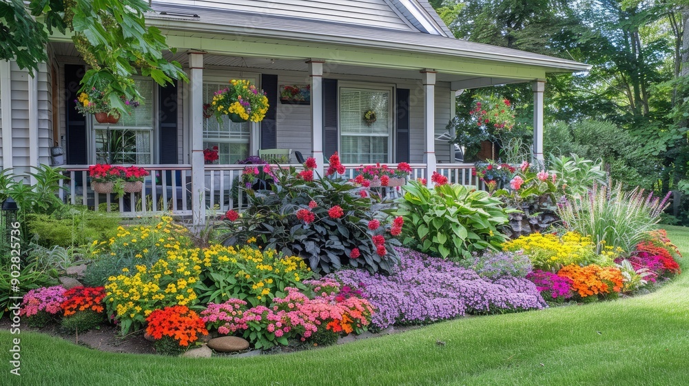 A garden house with a beautifully designed flower bed, showcasing a mix of annuals and perennials. A garden house with a beautifully designed flower bed, showcasing a mix of annuals and perennials.