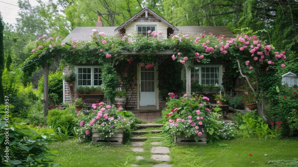 A garden house with a charming arbor entrance, covered in climbing roses and surrounded by greenery. A garden house with a charming arbor entrance, covered in climbing roses and surrounded by greenery.