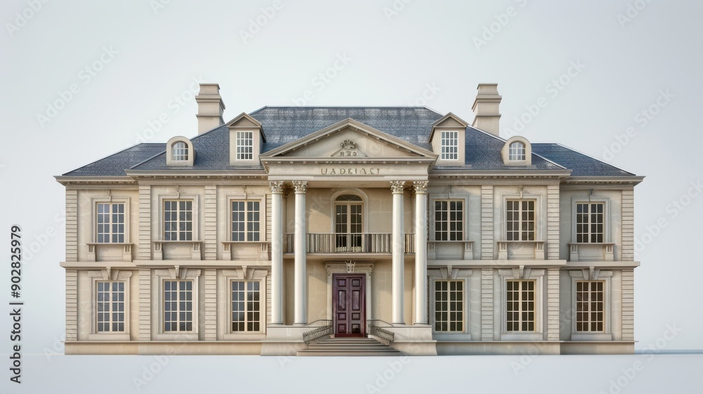 Fototapeta premium Elegant Colonial Mansion With Grand Entrance and Classic Architecture Set Against a Bright Background