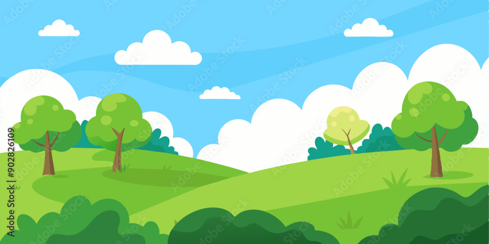 Scenic cartoon landscape with lush green trees and grass. Scenic cartoon landscape with lush green trees and grass.
