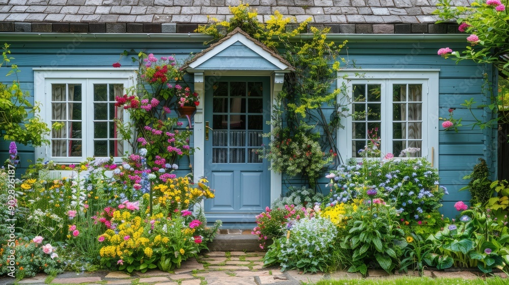 A garden house with a charming front garden, featuring a mix of flowers and shrubs. A garden house with a charming front garden, featuring a mix of flowers and shrubs.