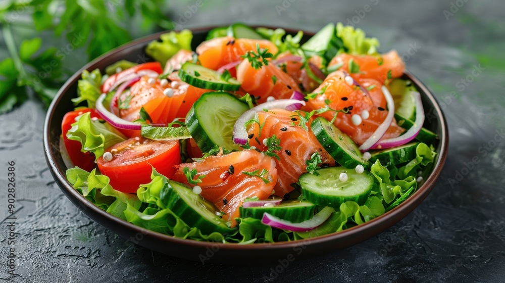 A plate of food with salmon, tomatoes, and cucumbers A plate of food with salmon, tomatoes, and cucumbers